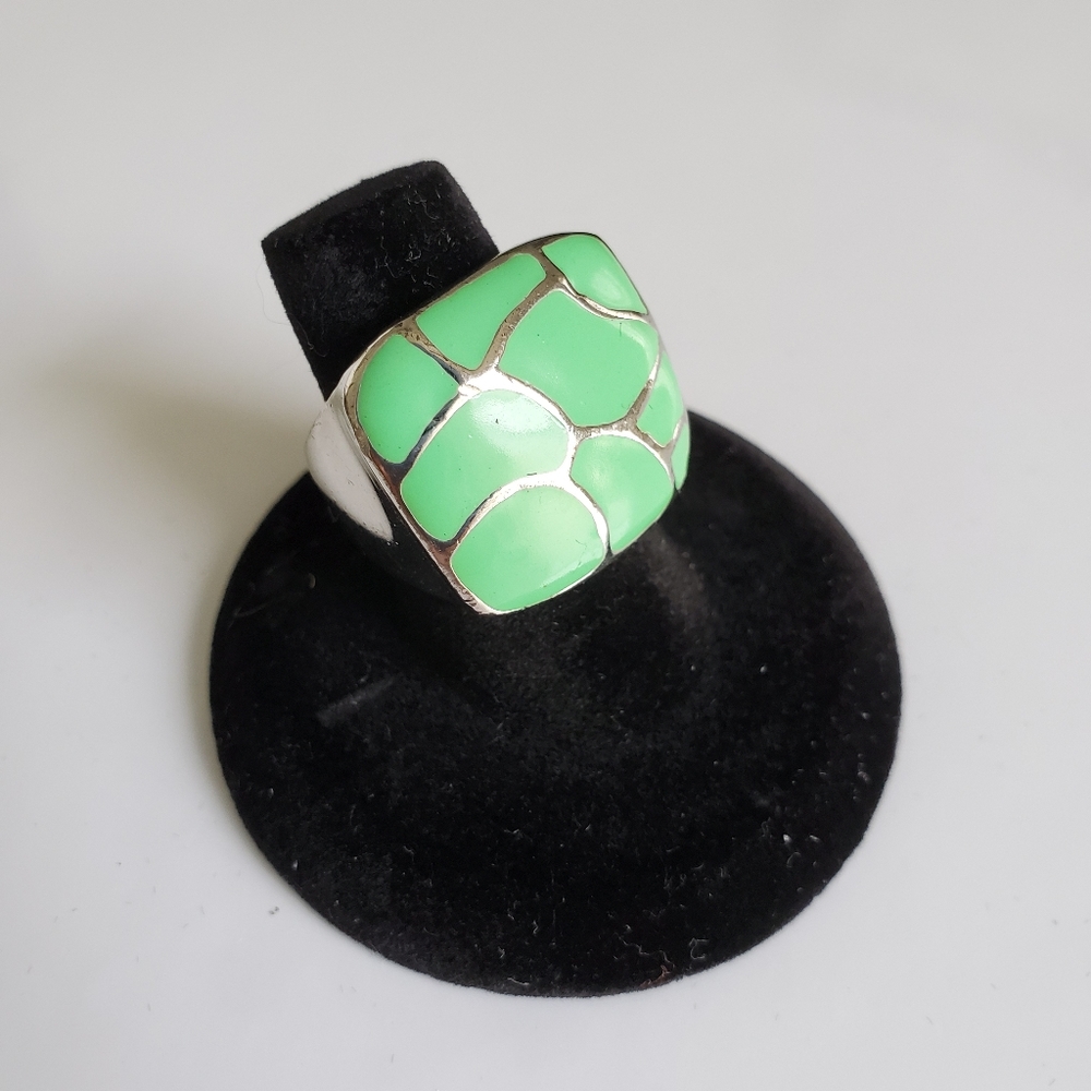 Green And Silver Toned Square Statement Ring - image 1